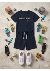 Resim Cg Kids Minecraft Kabartma Yazı Detaylı Erkek Çocuk Tshirt & Şort Alt Üst Takım Süper Kalite Kumaş Koyu Lacivert 