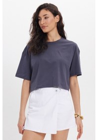 Resim Tudors Kadın Slim Fit Dar Kesim Pamuk Kısa Kollu Bisiklet Yaka Gri Crop Tişört-50469 L 