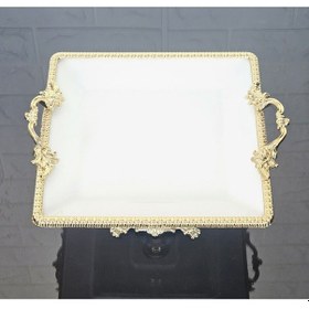 Resim Porselen Küçük Sade Kare Servis Tabağı-sunumluk Döküm Gold Çerçeve Ve Ayaklı 22cm Beyaz 