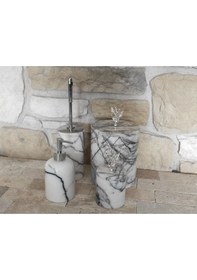 Resim Leylak Mermer 4'lü Gümüş Rengi Aksesuarlı Banyo Seti Beyaz 