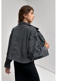 Resim Çift Cepli Belinde Düğme Detaylı Kot Ceket Koyu Gri 