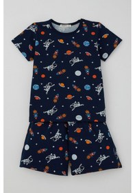 Resim Breeze Erkek Bebek Şortlu Pijama Takımı Galaksi Temalı Astronot Desenli 9 Ay-3 Yaş, Lacivert 