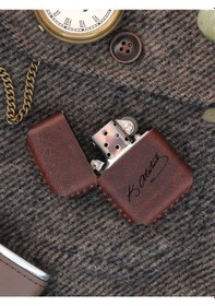 Resim Vagave Kahve Renk Hakiki Deri Kılıflı Zippo Benzinli Çakmak 