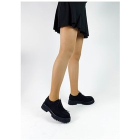 Resim Siyah Renk Süet Deri Bağcıklı Kalın Taban Kadın Loafer Ayakkabı Siyah 