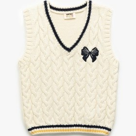 Resim Koton V Yaka Örgü Dokulu Fiyonk Detaylı Triko Süveter Ekru 6wkg90072ht Ekru 