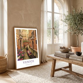 Resim Venice Italy Travel Poster - Gondola Canal Romantic Wall Art Print - Wooden Frame - White / 24 x 36" (60x90 cm) 