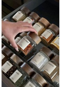 Resim 6'lı Akasya Kapaklı Cam Baharatlık Seti 240 Ml 16 Adet Etiket Hediye M70912 Ahşap 