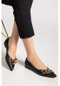 Resim Kadın Babet Siyah Cilt Zincir Detaylı Sivri Kalıp-4022 Siyah 