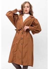 Resim Pastelastore Kadın Balon Kol Yırtmaçlı Düğmeli Kuşaklı Oversize Uzun Mevsimlik Trençkot 2113 Taba 
