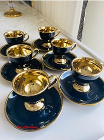 Resim Porselen Ayaklı Fincan Takımı Içi Gold Yaldızlı Lüks Türk Kahve Fincanı 6'lı Set 