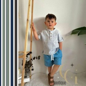 Resim Cg Kids Hakim Yaka Gömlek Fitilli Alt Mavi Jean Kumaş Kot Şort Be Lacivert - Gri 