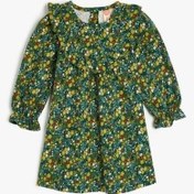Resim Koton Kız Bebek Çiçek Desenli Uzun Kollu Bisiklet Yaka Pamuklu Elbise Yeşil 