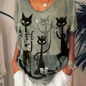 Resim Kadınlar için Rahat V-Yaka Tişört, Şirin Kedi ve Zürafa Karikatür Baskısı, Kısa Kollu, Hafif Polyester Karışımı, Bahar ve Yaz Kıyafetleri İçin Mükemmel, Rahat Yaz Üstü | Eğlenceli Baskılı Tişört | Makinede Yıkanabilir Üst 