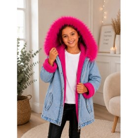 Resim Burçak Butik Kız Çocuk Kapüşonlu Içi Peluş Kürklü Kot Mont Kaban - Kışlık 