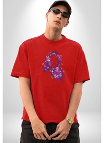 Resim Kelebekler Kanser Günü Ve Kadınlar Günü Pamuklu Bisiklet Yaka Unisex Oversize Boyfriend Dijital Baskılı Kırmızı T-shirt Kırmızı 