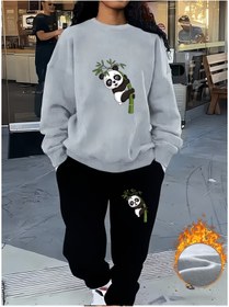 Resim ship master Panda Baskılı Gri Kadın Eşofman Takımı %100 Pamuk Şardonlu 