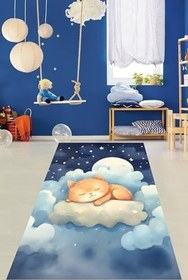 Resim Pelangi Bulutlarda Uyuyan Kedicik Yıkanabilir Kaymaz Taban Leke Tutmaz Çocuk Odası Halısı, Mavi-Beyaz 60 x 120 