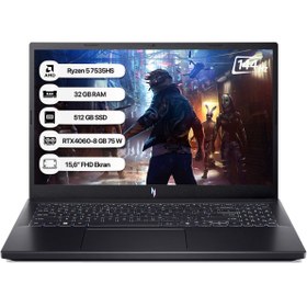 Resim Nitro V15 ANV15 NH.QSFEY.004-32 Ryzen 5 7535HS 15.6" 32 GB RAM 512 GB SSD 8 GB RTX4060 FHD FreeDOS Gaming Laptop 