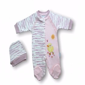 Resim Süslü Ördek Pembe Şapkalı 2 li Kız Bebek Tulumu 