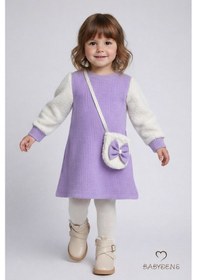Resim Babyden's Bayramlık Şık Ve Rahat Kız Bebek Elbise Çantalı Yumuşak Peluş Kollu Kışlık Çocuk Kombini Lila 