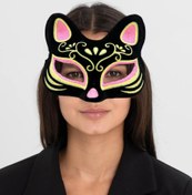 Resim NessiWorld Siyah Renk Süet Kaplama Üzeri Pembe Sarı Simli Kedi Maskesi 17x14 cm 