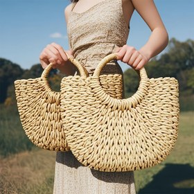 Resim 1 adet El Örgülü Hasır Çanta - Büyük, Yuvarlak Sap, Doğal Rattan Tasarım, Yaz Plajı ve Seyahat için Mükemmel, Unlined, Kapanmayan, Plaj Aksesuarı|Doğal Rattan Çanta|Açık Üst Çanta 