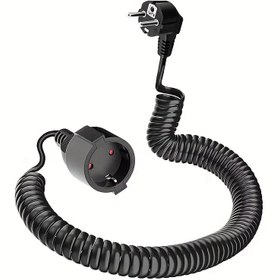 Resim 2 Metre PU Yay Uzatma Kablosu, Spiral Koruyucu Kablo, 0.6 M'den 2 M'ye kadar uzayabilir, Uzatma Kablosu (240V/16 A), 3 X 1.0 Mm², Schuko Fişli ve Kablo, Siyah. 