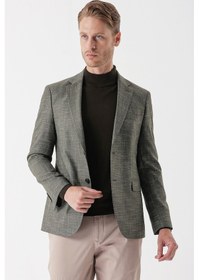 Resim İmza Koyu Haki Desenli Armürlü Mono Yaka Çift Yırtmaç 6 Drop Slim Fit Dar Kesim Klasik Ceket 1002235133-koyu Haki Koyu Haki 