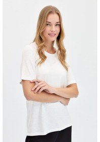 Resim Kadın Sıfır Yaka Flamlı Kumaş Penye Tshirt Ekru Ekru 