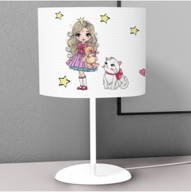 Resim instababyrooms Tatlı Kız Ve Kedi Desenli Çocuk Odası Dijital Baskılı Çocuk Odası Masaüstü Abajur Avize 