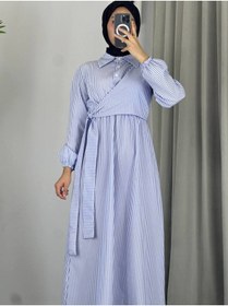 Resim Esre Store 4540 - Çizgili Tesettür Elbise Mavi 