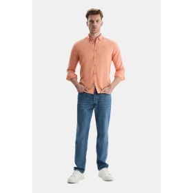 Resim Ucla Jacquez Turuncu Keten Nakışlı Standard Fit Erkek Gömlek 