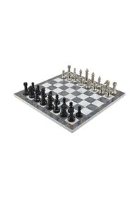 Resim Gifthome Premium Black Metal Klasik Satranç Takımı Ve Gri Mermer Desenli Mdf Satranç Tahtası 37x37 Cm. 