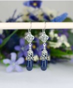 Resim Filigran Silver 925 Ayar Gümüş Otantik El Işçiliği Telkari Doğal Lapis Lazuli Taşı Kadın Damla Küpe 