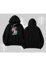 Resim Kapşonlu Sweatshirt Oversize Anime Kız Desenli Japon Stil Siyah 