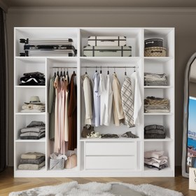 Resim Bimossa KD30 Goss 225 cm Üçlü Dar, 3 Bölmeli Açık Gardırop, 9 Raflı, 2 Büyük Raf Alanı, Boy Askılı ve Çekmeceli Modüler Beyaz Giyim Dolabı 