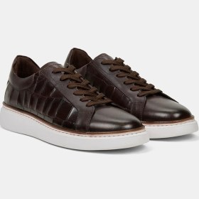 Resim Desa Erkek Kahve Bağcıklı Kroko Baskılı Deri Sneaker 