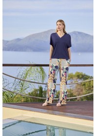 Resim Monamise Kadın Çiçek Ve Yaprak Desenli Kısa Kollu V Yaka Pijama Takımı 25087 Lacivert 