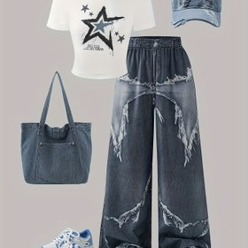 Resim Kızlar için Moda Günlük Kısa Kollu Üst ve Bol Baskılı Pantolon Takımı, Dış Mekan İçin Mükemmel 