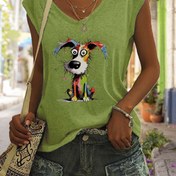 Resim Kadınların renkli köpek desenli rahat V-yaka kolsuz tank üstü, rahat kesim ilkbahar/yaz moda, rahat kıyafetler için nefes alabilen kumaş, yaz tank üstleri 