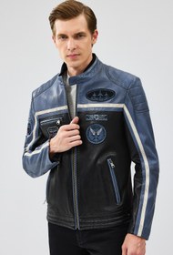 Resim Derimod Takeoff Erkek Mavi Slim-Fit Deri Ceket 23WGM6511WF 