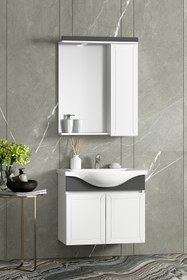 Resim ÖZCEDEN Lilyum 65 cm Beyaz-Antrasit Gri Mat MDF Pk-109 Balon Kapak Seramik Lavabolu Asma Banyo Dolabı Takımı 