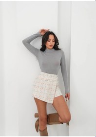 Resim Femina Trendy İki Düğmeli Kaz Ayağı Desen Ch Kumaş Şort Etek Beyazturuncu H26414 Beyaz 