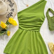 Resim Kadın Kolsuz Ruched Jumpsuit - Seksi Asimetrik Yaka, Düz Renk, Tüm Mevsimler için Rahat ve Resmi Durumlar için Çok Yönlü, Rahat Şık Giyim, Şeffaf Olmayan Kumaş 
