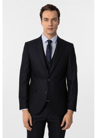 Resim Süvari Lacivert Slim Fit Desenli Sivri Yaka 6 Drop Yelekli Klasik Takım Elbise-35637 Lacivert 