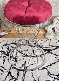 Resim Zafir Yuvarlak Krom Kaplama Bordo Puf Oturak - Bench - Ayak Ucu Oturak - Tabure - Makyaj Oturak Bordo 