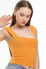Resim Suanye Sarı Triko Crop Bluz 