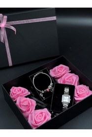 Resim Masalsı Concept 14 Şubat Sevgililer Günü Hediyesi Yapay Çiçek Süslü Kutuda Pandora Bileklik ve saat En Güzel Hediye 