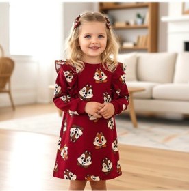 Resim Sincap Desenli Kız Çocuk Elbise Bordo 