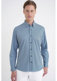 Resim Slim Fit Pötikare Baskılı Pamuklu Yaka Düğmeli Yeşil Gömlek G 1604 